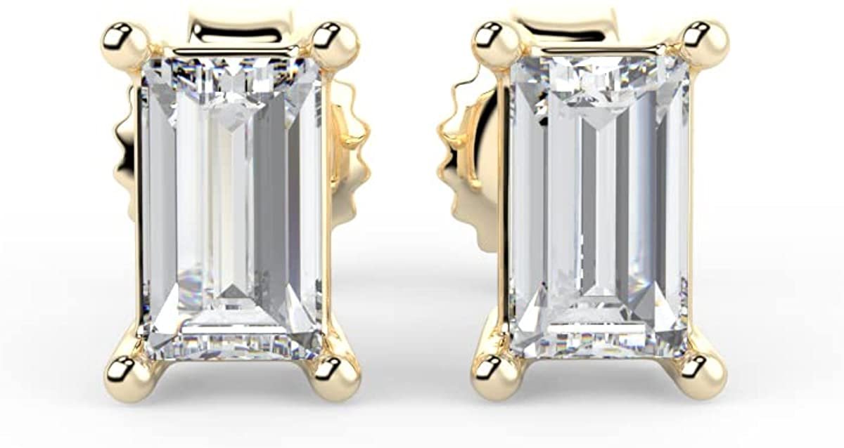 IGI Certified 1/2 Cttw Emerald Cut Lab Grown Diamond 14K Gold 4-Prong Pushback Stud Earrings (G-H Color, VS1-VS2 Clarity) - Choice of Gold Color