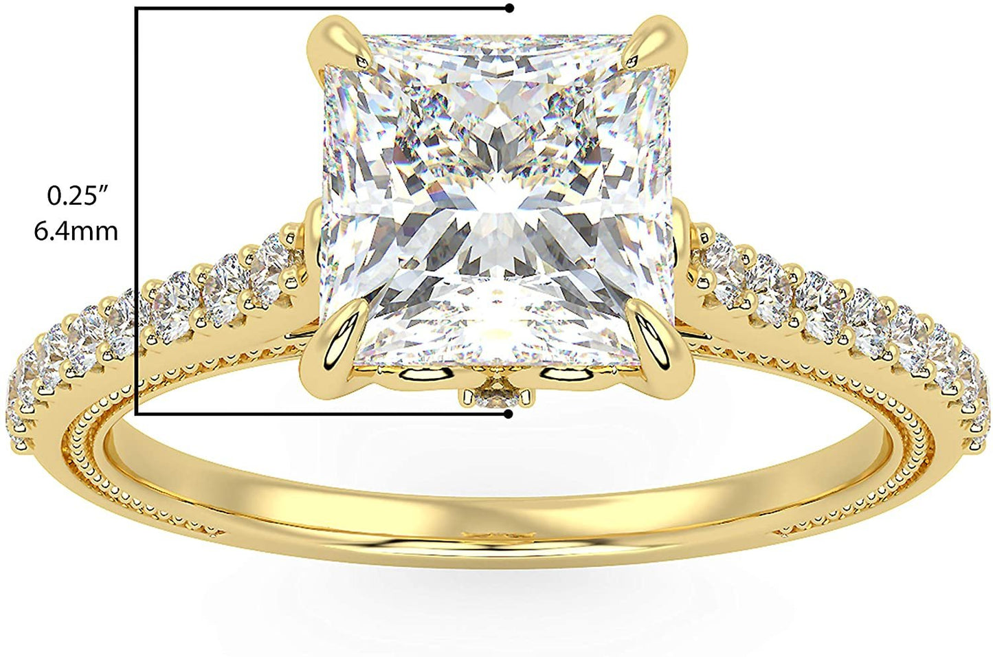 IGI Certified 14K Yellow Gold Princess-Cut Lab Created Diamond Engagement Ring with Pavé Band (1.5 or 2.0 Carat Center Stone: G-H Color, VS1-VS2 Clarity)