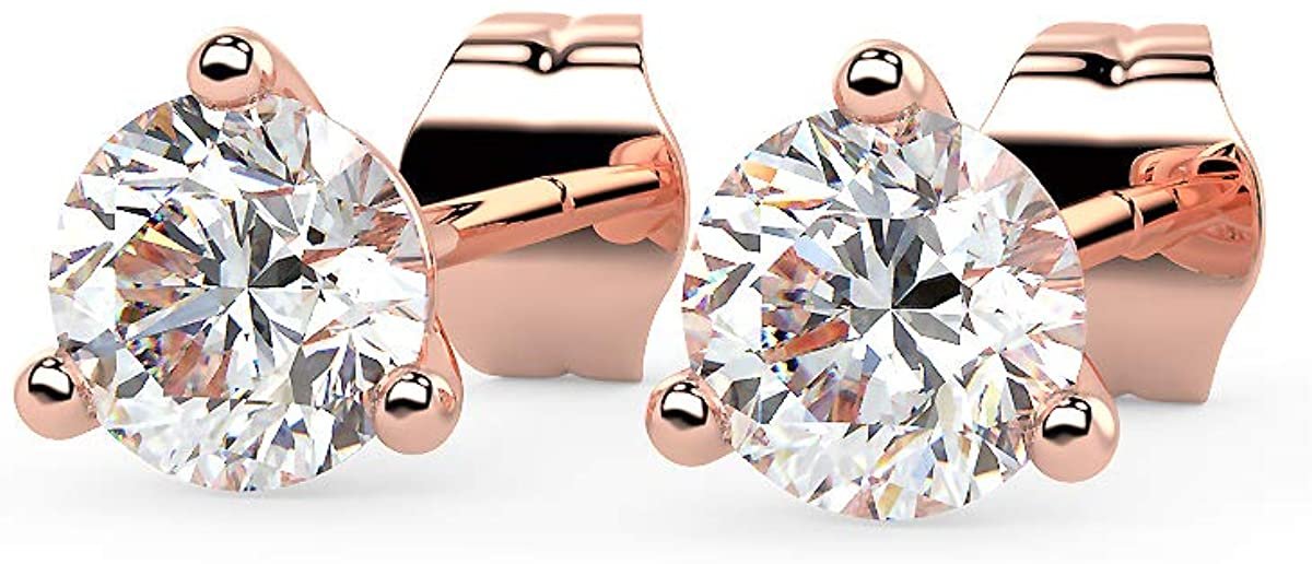 Certified 1.0 to 4.0 Cttw Round Brilliant-Cut Lab Created Diamond 14K Gold Martini-Set 3-Prong Stud Earrings (G-H Color, VS1-VS2 Clarity) - Choice of Metal Colors, Gem Weights