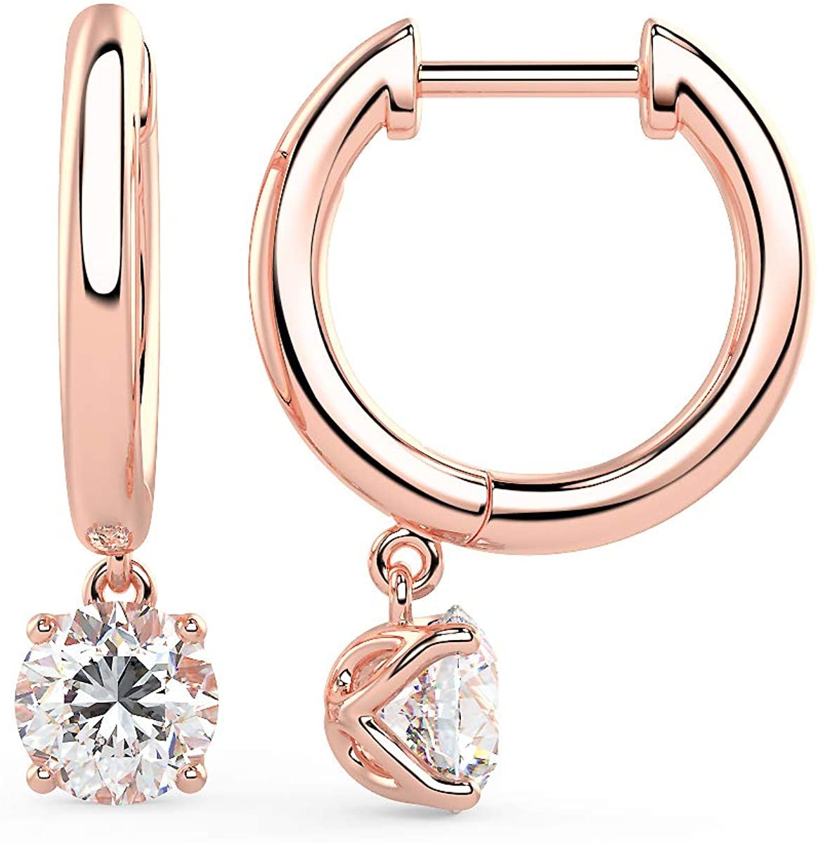 14K Gold Huggie Hoop Earrings with 1/2 to 2/3 Cttw Round Brilliant-Cut Lab Created Diamond Four Prong Set Drops (G-H Color, VS1-VS2 Clarity) - Choice of 14K Gold Color