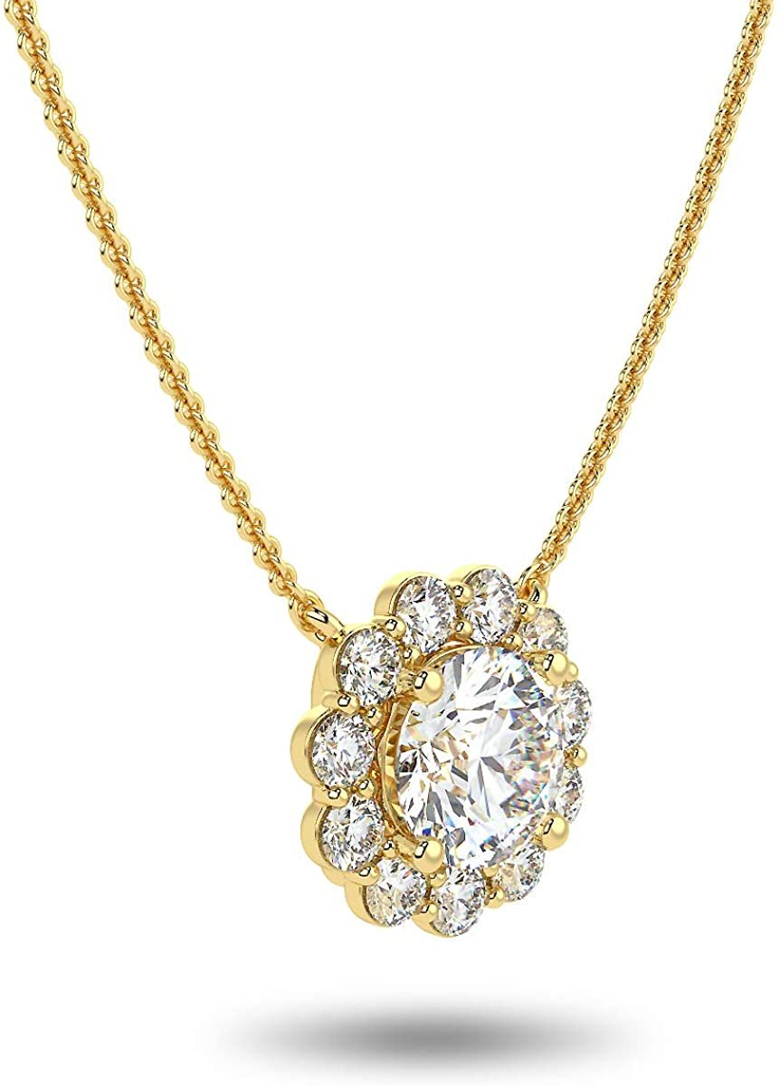 IGI Certified 14K Gold 1-5/8 Cttw Round Brilliant Cut Lab Created Diamond Flower Halo Pendant 18" Necklace (I-J Color, VS1-VS2 Clarity) - Choice of Gold Color