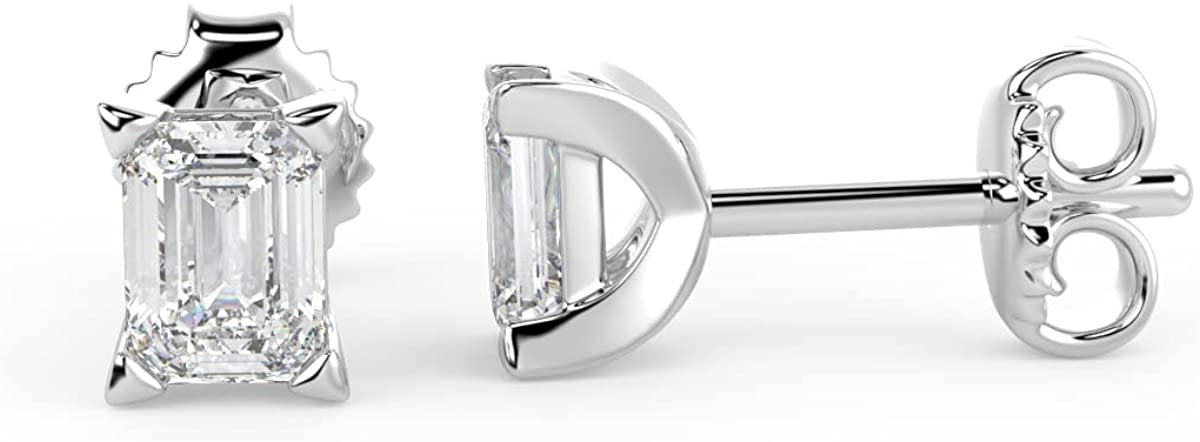 IGI Certified 1/2 Cttw Emerald Cut Lab Grown Diamond 14K Gold 4-Prong Pushback Stud Earrings (G-H Color, VS1-VS2 Clarity) - Choice of Gold Color