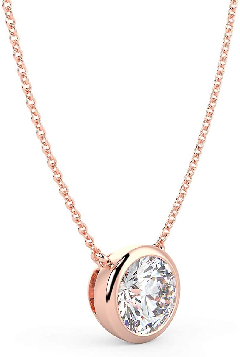 IGI Certified 14K Gold 1/4 to 1/2 Carat Round Brilliant Cut Lab Created Diamond Bezel-Set Solitaire Pendant Necklace (G-H Color, VS1-VS2 Clarity), 18" - Choice of Carat & Gold Color