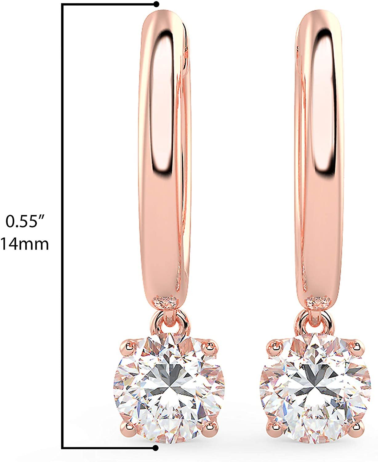 14K Gold Huggie Hoop Earrings with 1/2 to 2/3 Cttw Round Brilliant-Cut Lab Created Diamond Four Prong Set Drops (G-H Color, VS1-VS2 Clarity) - Choice of 14K Gold Color