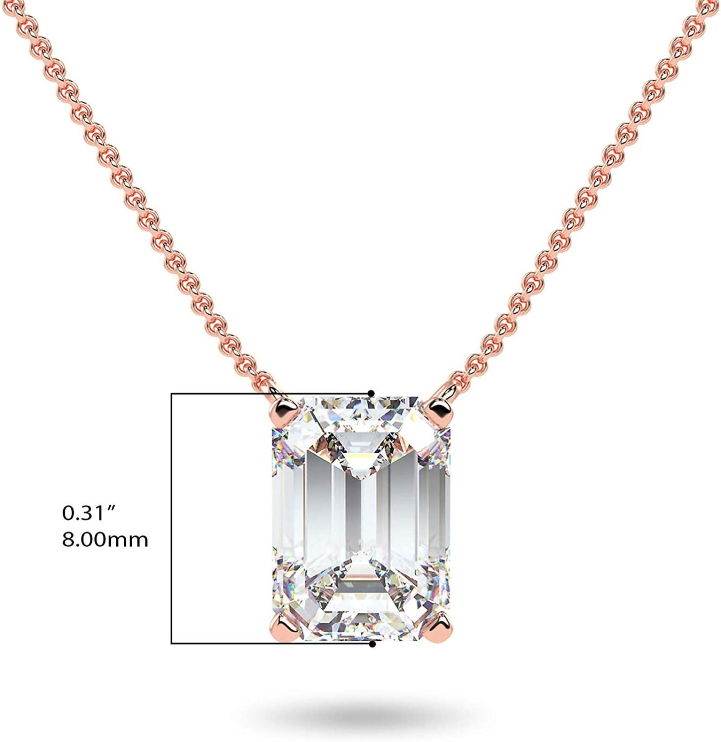 IGI Certified 14K Gold 1/3 to 1-1/2 Carat Rectangular Emerald-Cut Lab Grown Diamond Suspended Solitaire Pendant Necklace (G-H Color, VS1-VS2 Clarity), 18" - Choice of Gold Color, Weights