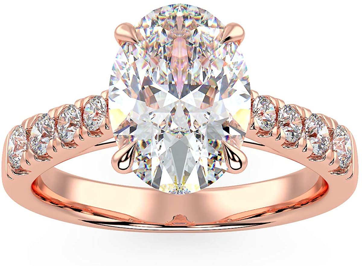 IGI Certified 14K Gold Oval-Shape Lab Created Diamond Engagement Ring with Pavé Set Band (1-1/2 Carat Center Stone: G-H Color, VS1-VS2 Clarity) - Choice of Gold Color