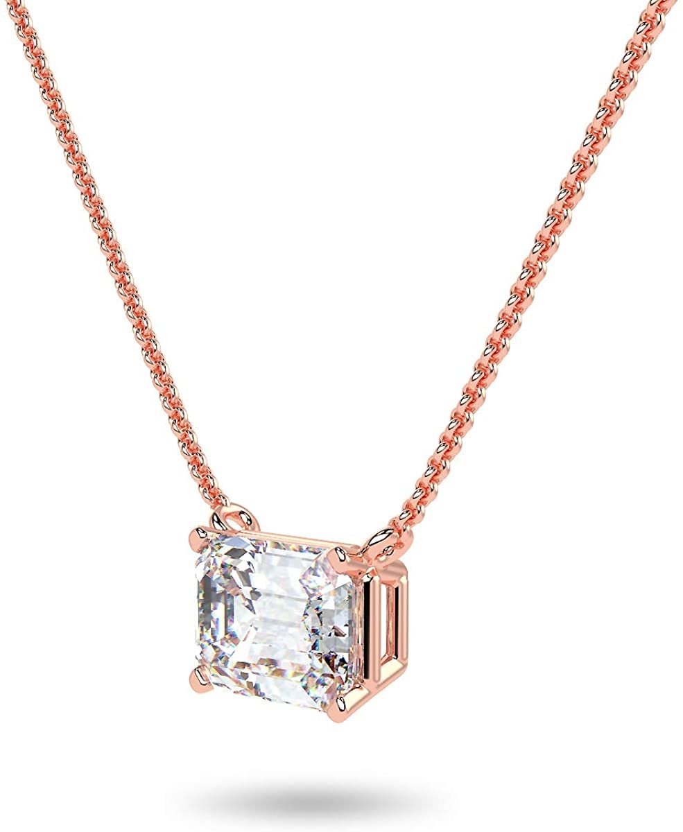 14K Rose Gold 1/3 Carat Rectangular Emerald-Cut Lab Grown Diamond Horizontal Solitaire Pendant Necklace (G-H Color, VS1-VS2 Clarity), 18"