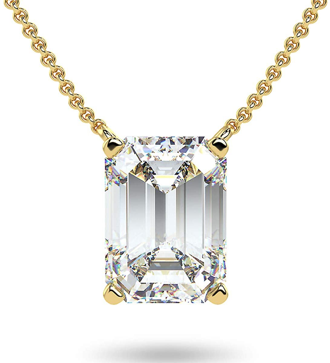 IGI Certified 14K Gold 1/3 to 1-1/2 Carat Rectangular Emerald-Cut Lab Grown Diamond Suspended Solitaire Pendant Necklace (G-H Color, VS1-VS2 Clarity), 18" - Choice of Gold Color, Weights