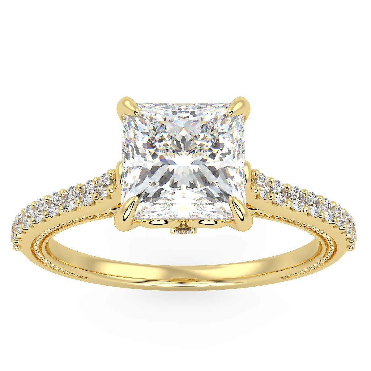 IGI Certified 14K Yellow Gold Princess-Cut Lab Created Diamond Engagement Ring with Pavé Band (1.5 or 2.0 Carat Center Stone: G-H Color, VS1-VS2 Clarity)