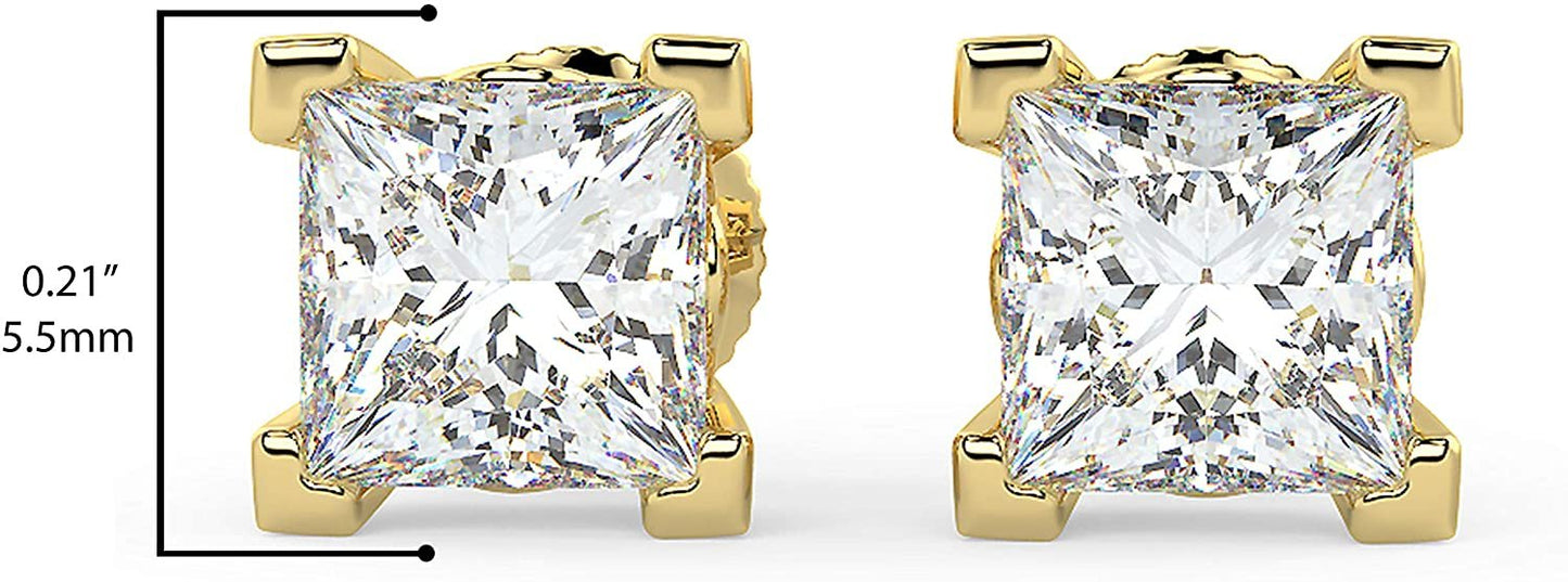 Certified 1.0 Cttw Near Colorless Square Princess Cut Lab Created Diamond Classic Square Four-Prong Stud Earrings (G-H Color, VS1-VS2 Clarity) - 14K Yellow Gold