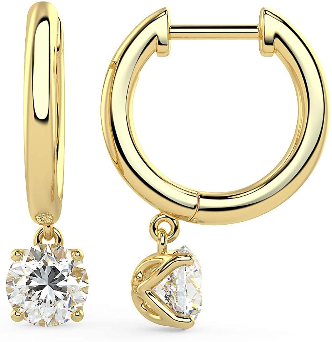 14K Gold Huggie Hoop Earrings with 1/2 to 2/3 Cttw Round Brilliant-Cut Lab Created Diamond Four Prong Set Drops (G-H Color, VS1-VS2 Clarity) - Choice of 14K Gold Color