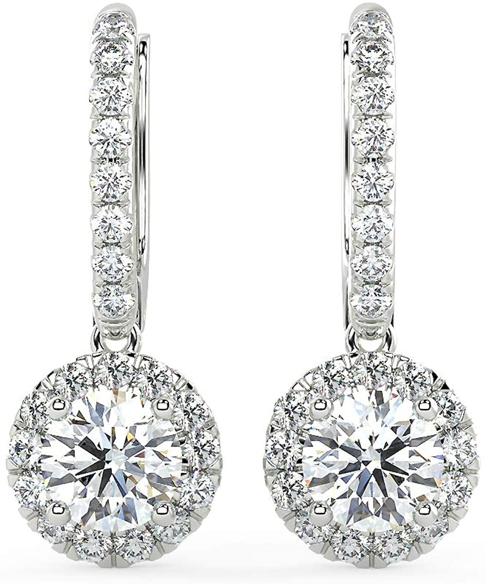IGI Certified 14K Rose Gold 1-7/8 Cttw Near Colorless Round Brilliant Cut Lab Grown Diamond Pave Set Halo Lever Back Drop Earrings (Center Stones G-H Color, VS1-VS2 Clarity)