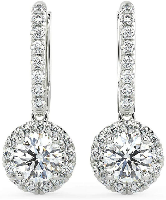 IGI Certified 14K Rose Gold 1-7/8 Cttw Near Colorless Round Brilliant Cut Lab Grown Diamond Pave Set Halo Lever Back Drop Earrings (Center Stones G-H Color, VS1-VS2 Clarity)