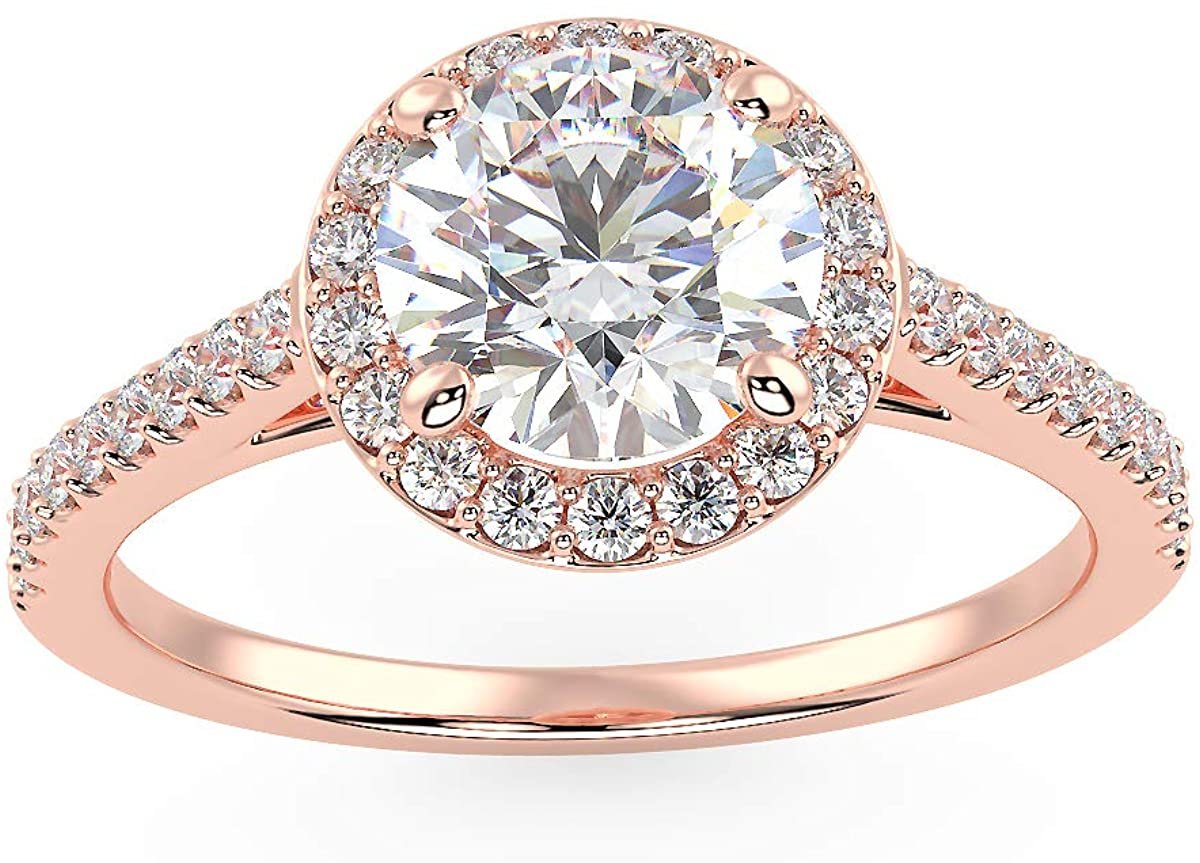 IGI Certified 14K Rose Gold 1.05 Cttw Round Brilliant-Cut Lab Created Diamond Halo Engagement Ring with Micro Pavé Band (Center Stone: G-H Color, VS1-VS2 Clarity) - Size 6-1/4