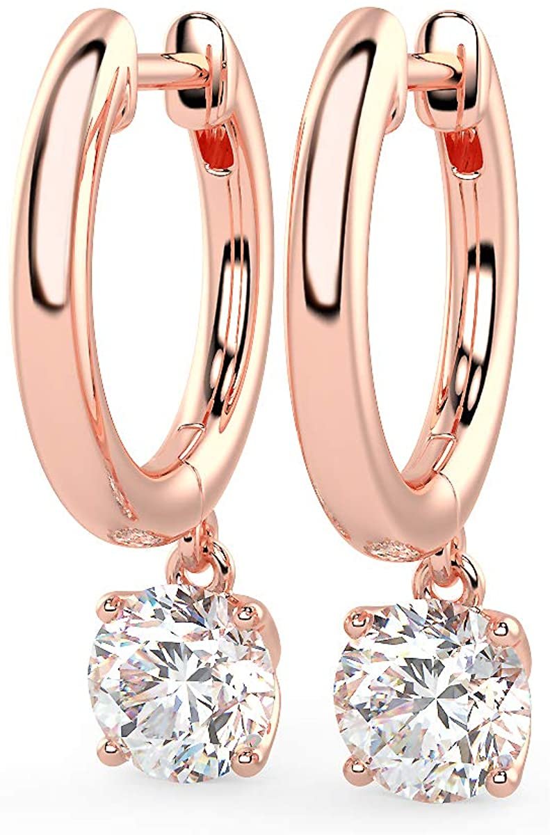 14K Gold Huggie Hoop Earrings with 1/2 to 2/3 Cttw Round Brilliant-Cut Lab Created Diamond Four Prong Set Drops (G-H Color, VS1-VS2 Clarity) - Choice of 14K Gold Color