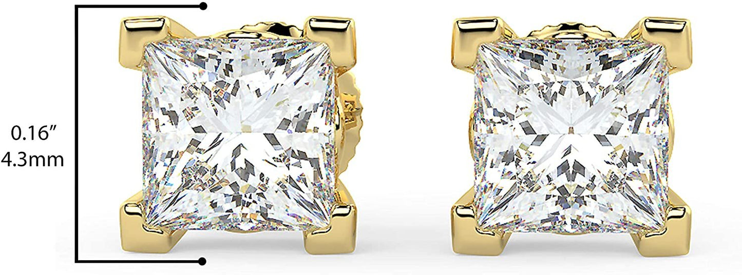 Certified 1.0 Cttw Near Colorless Square Princess Cut Lab Created Diamond Classic Square Four-Prong Stud Earrings (G-H Color, VS1-VS2 Clarity) - 14K Yellow Gold