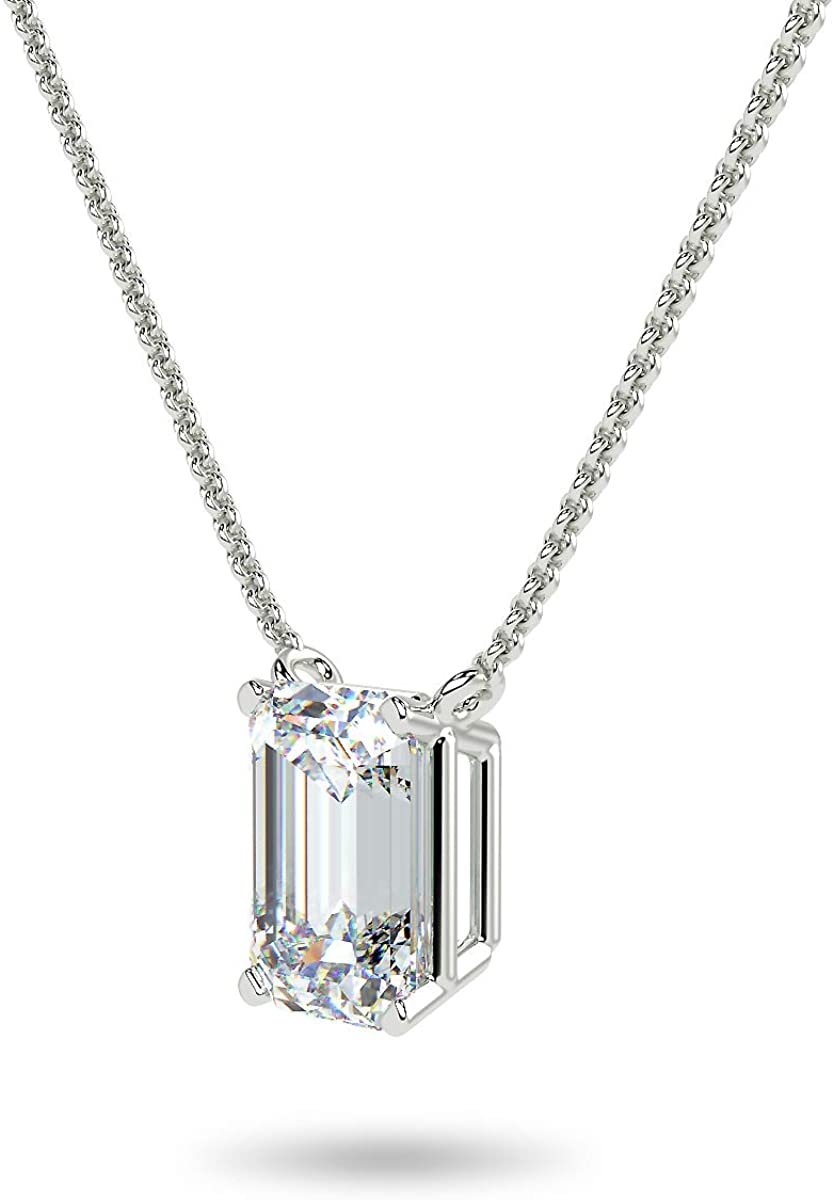 IGI Certified 14K Gold 1/3 to 1-1/2 Carat Rectangular Emerald-Cut Lab Grown Diamond Suspended Solitaire Pendant Necklace (G-H Color, VS1-VS2 Clarity), 18" - Choice of Gold Color, Weights