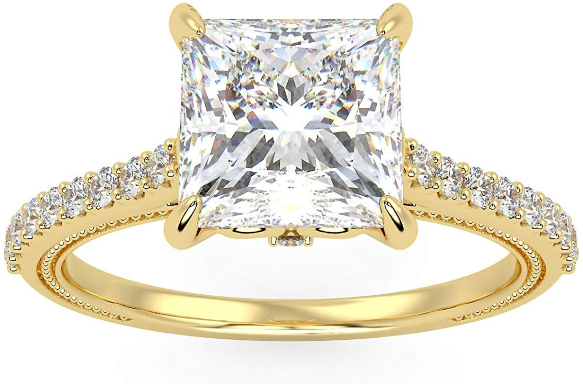 IGI Certified 14K Yellow Gold Princess-Cut Lab Created Diamond Engagement Ring with Pavé Band (1.5 or 2.0 Carat Center Stone: G-H Color, VS1-VS2 Clarity)