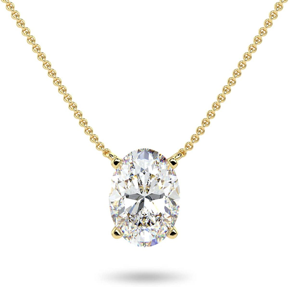 IGI Certified 14K Gold 1/3 to 1-1/2 Carat Oval Shape Lab Created Diamond Suspended Solitaire Pendant Necklace (G-H Color, VS1-VS2 Clarity), 18" - Choice of Gold Color
