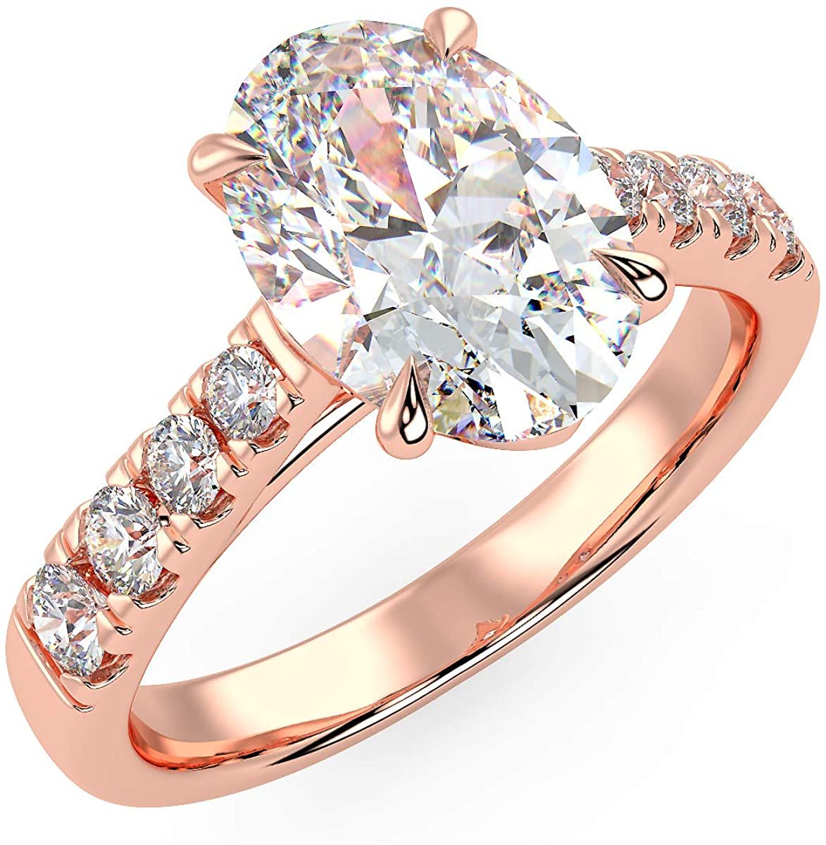 IGI Certified 14K Gold Oval-Shape Lab Created Diamond Engagement Ring with Pavé Set Band (1-1/2 Carat Center Stone: G-H Color, VS1-VS2 Clarity) - Choice of Gold Color