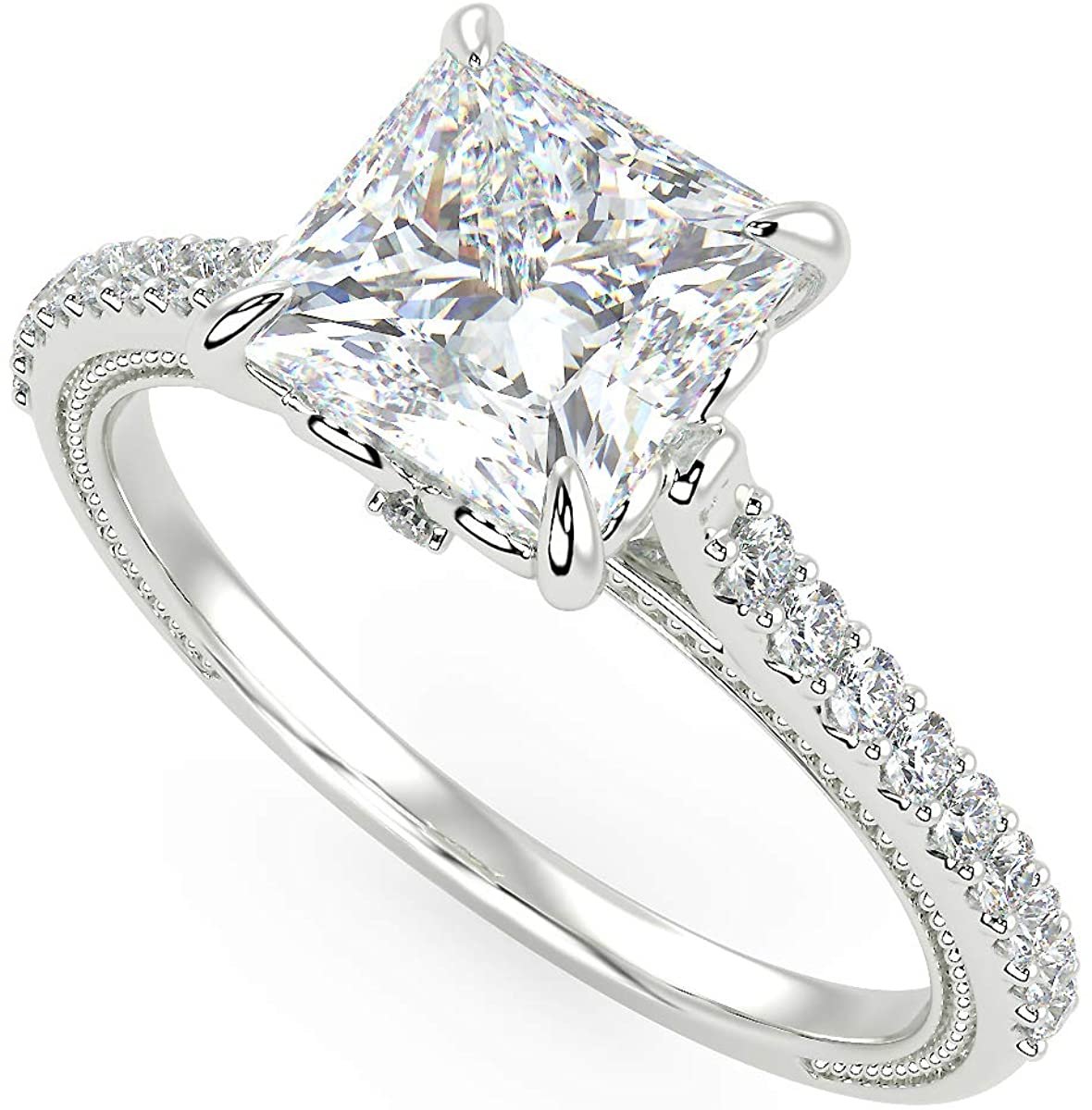IGI Certified 14K White Gold 2-1/5 Cttw Princess-Cut Lab Created Diamond Square Solitaire Engagement Ring with Pavé Band (2.0 Carat Center Stone: G-H Color, VS1-VS2 Clarity) - Size 7