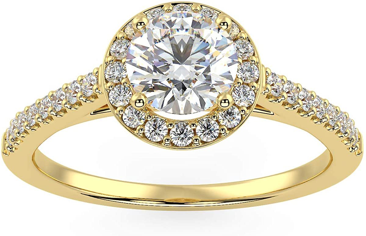 IGI Certified 14K Yellow Gold 3/4 Cttw Round Brilliant-Cut Lab Created Diamond Halo Engagement Ring with Micro Pavé Band (Center Stone: G-H Color, VS1-VS2 Clarity) - Size 5-3/4