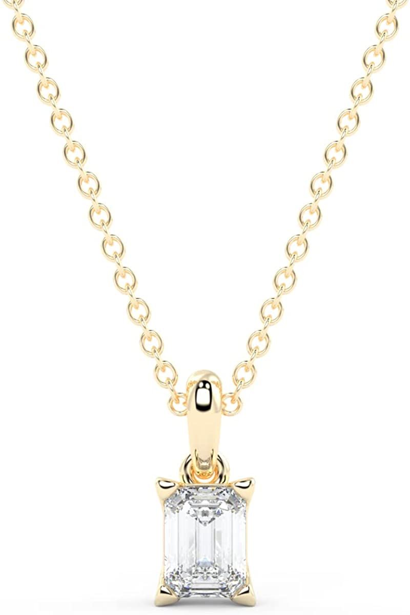 IGI Certified 1/4 Ct Emerald Cut Lab Grown Diamond 14K Gold Solitaire Pendant Necklace (G-H Color, VS1-VS2 Clarity) - 18” - Choice of Metal Color