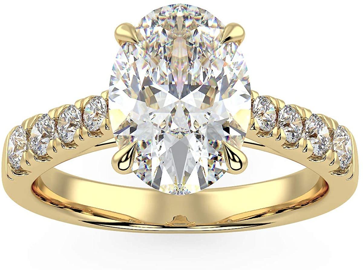 IGI Certified 14K Gold Oval-Shape Lab Created Diamond Engagement Ring with Pavé Set Band (1-1/2 Carat Center Stone: G-H Color, VS1-VS2 Clarity) - Choice of Gold Color
