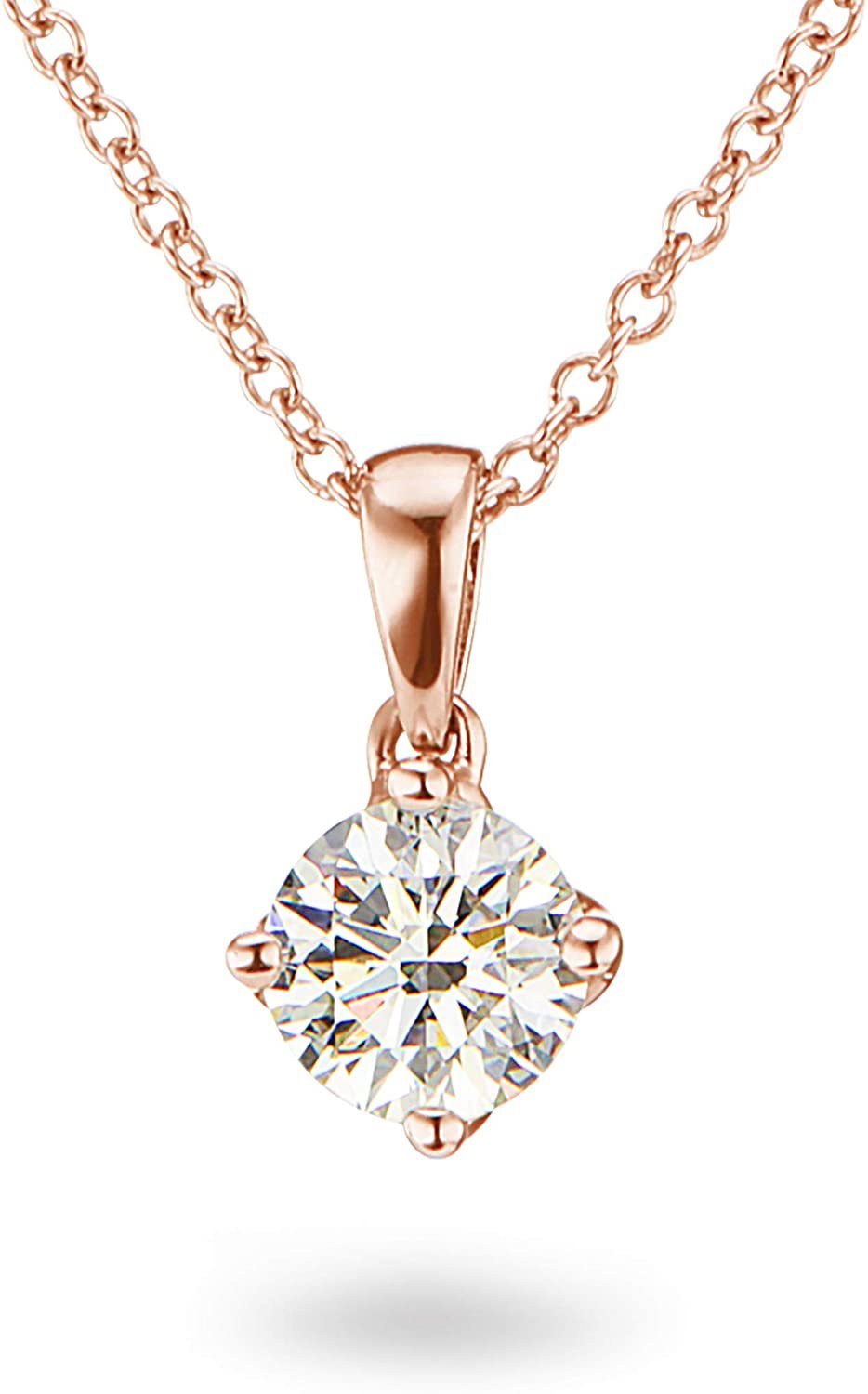 14K Gold 1/5 to 1/3 Carat Lab Grown Round-Cut Diamond Solitaire 4-Prong Pendant 16"-18" Necklace (G-H Color, VS1-VS2 Clarity) - Choice of Gold Color & Carat Weight