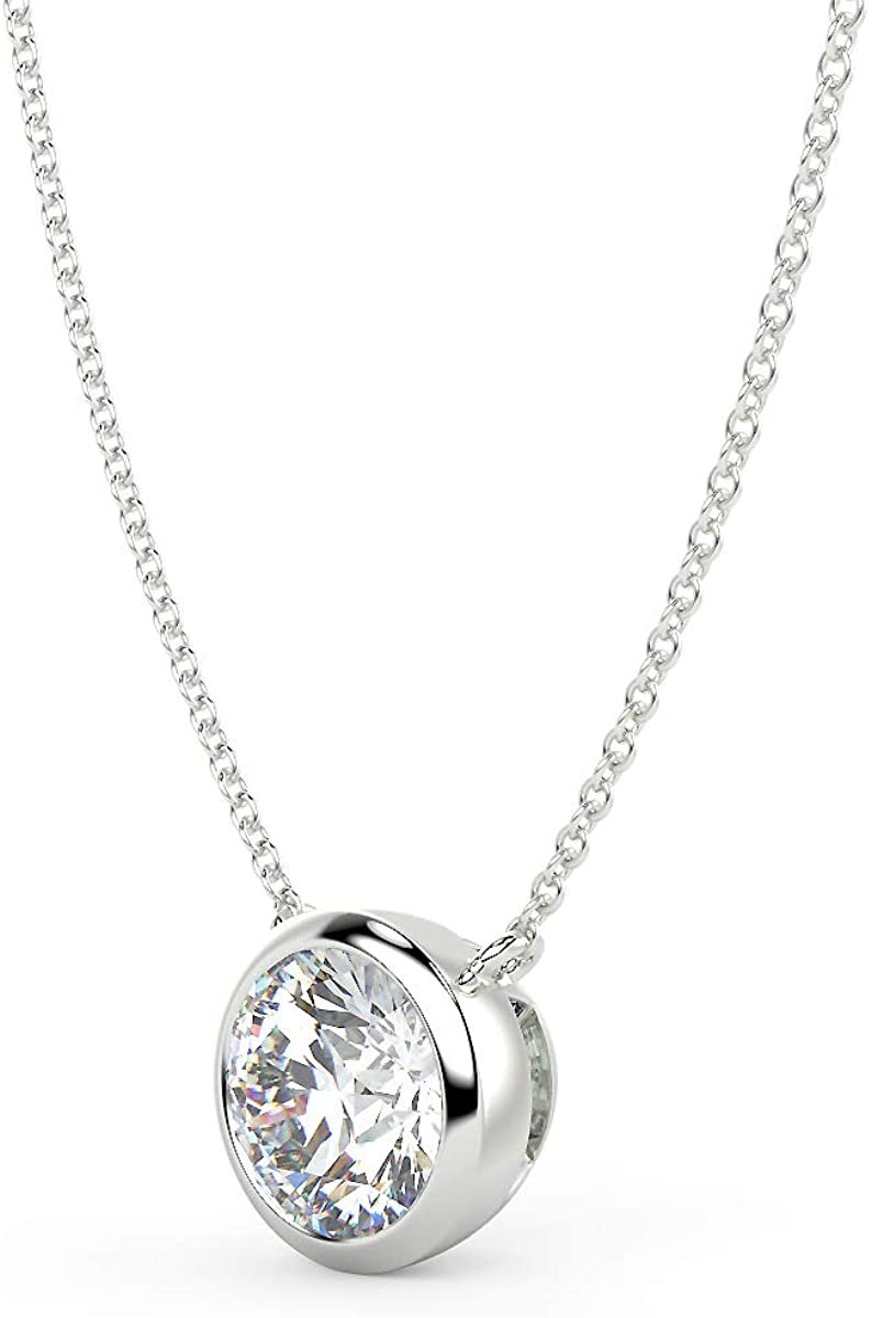 IGI Certified 14K White Gold 1.0 or 1-1/2 Carat Round Brilliant-Cut Lab Created Diamond Bezel-Set Solitaire Pendant Necklace (I-J Color, VS1-VS2 Clarity), 18"