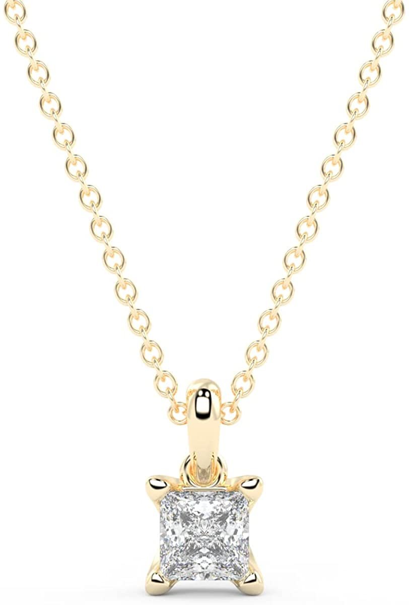 IGI Certified 1/4 Ct Princess Cut Lab Grown Diamond 14K Gold Solitaire Pendant Necklace (G-H Color, VS1-VS2 Clarity) - 18” - Choice of Metal Color