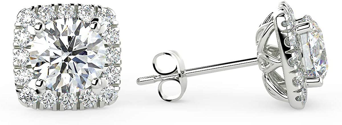 IGI Certified 14K White Gold 1-1/2 Cttw Near Colorless Brilliant Cut Lab Created Diamond Cushion Shape Pave Set Halo Stud Earrings (Center Stones G-H Color, VS1-VS2 Clarity)