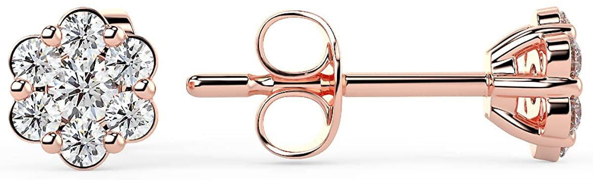 10K Rose Gold 1/5 Cttw Lab Created Diamond 4.5mm Hybrid 6-Prong Bezel Set Floral Cluster Stud Earrings (G-H Color, SI1-SI2 Clarity)