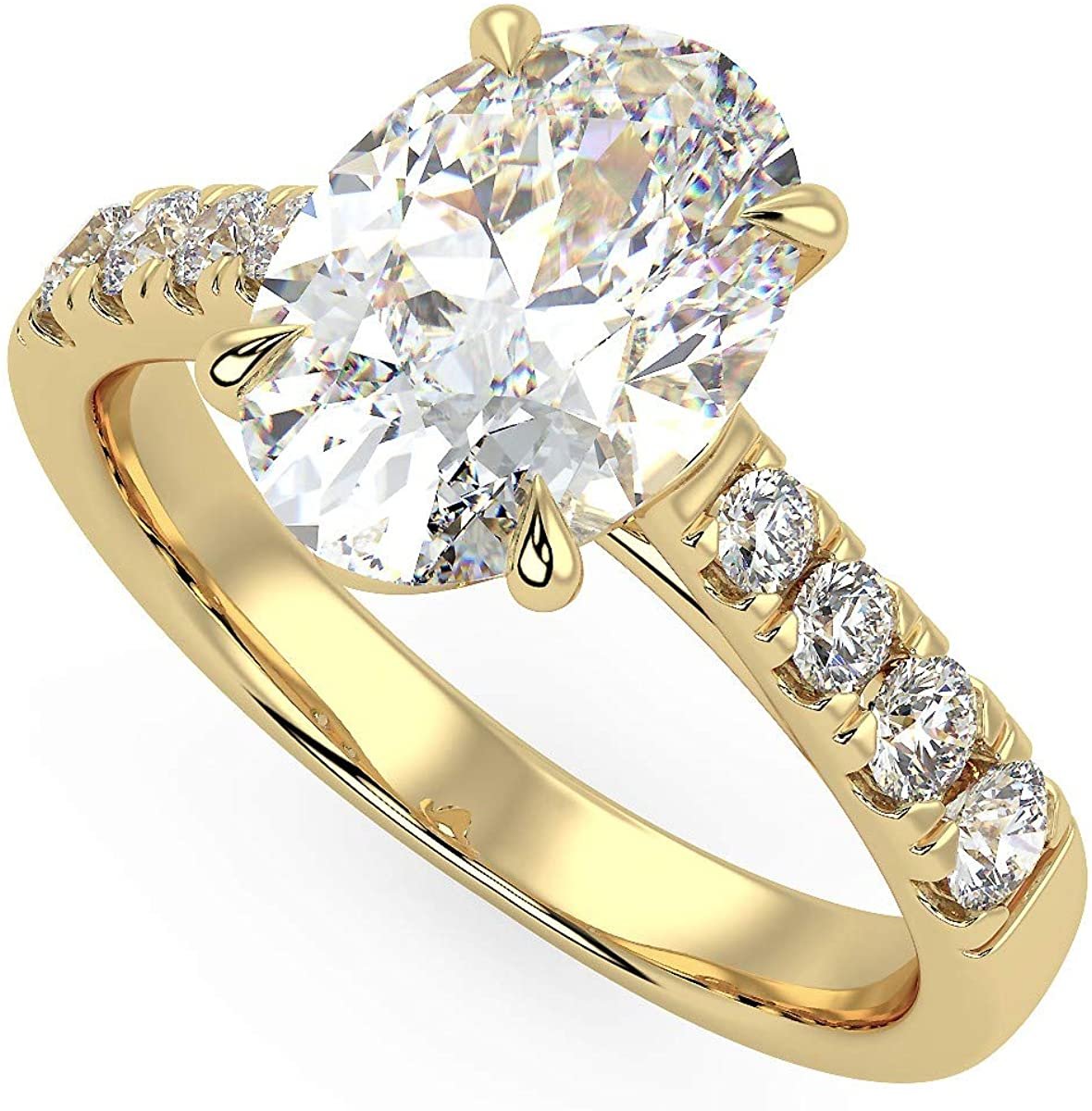IGI Certified 14K Gold Oval-Shape Lab Created Diamond Engagement Ring with Pavé Set Band (1-1/2 Carat Center Stone: G-H Color, VS1-VS2 Clarity) - Choice of Gold Color