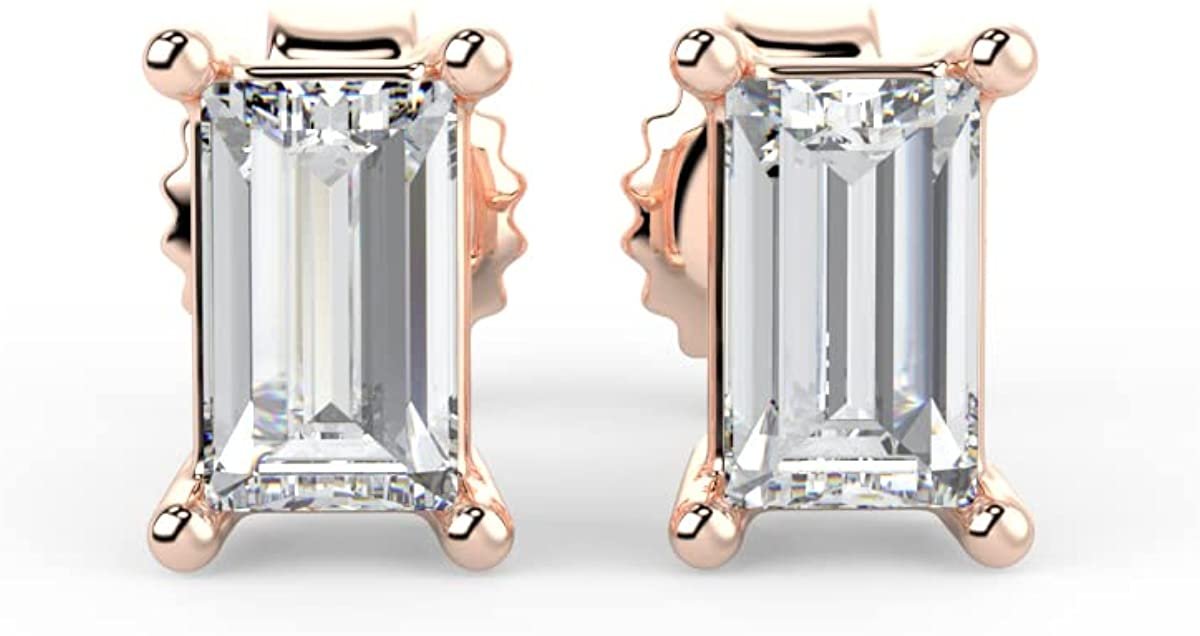 IGI Certified 1/2 Cttw Emerald Cut Lab Grown Diamond 14K Gold 4-Prong Pushback Stud Earrings (G-H Color, VS1-VS2 Clarity) - Choice of Gold Color