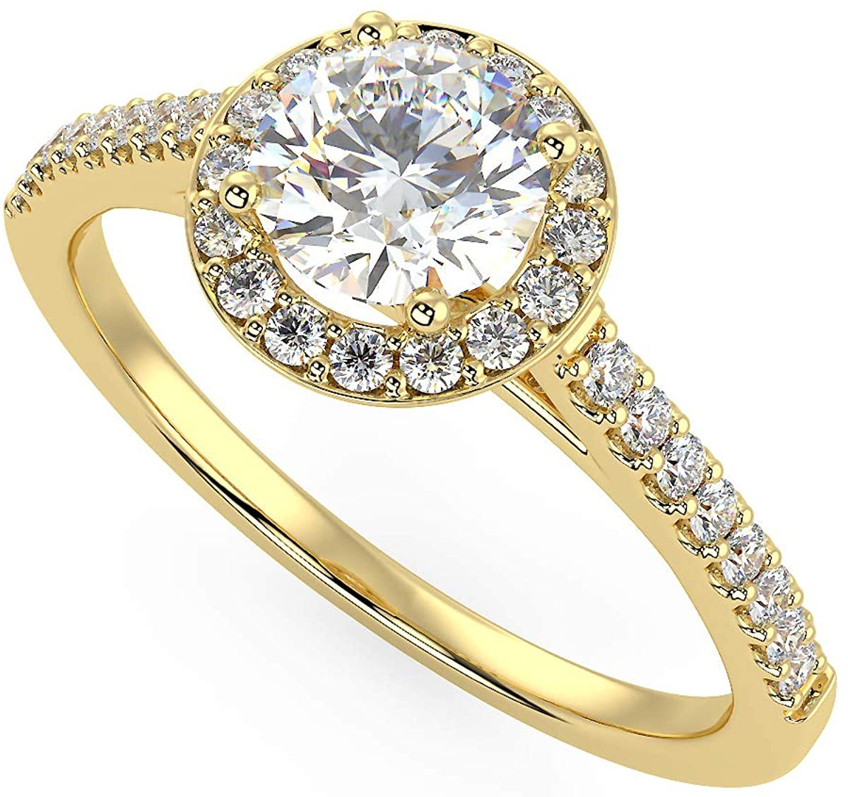 IGI Certified 14K Yellow Gold 3/4 Cttw Round Brilliant-Cut Lab Created Diamond Halo Engagement Ring with Micro Pavé Band (Center Stone: G-H Color, VS1-VS2 Clarity) - Size 5-3/4