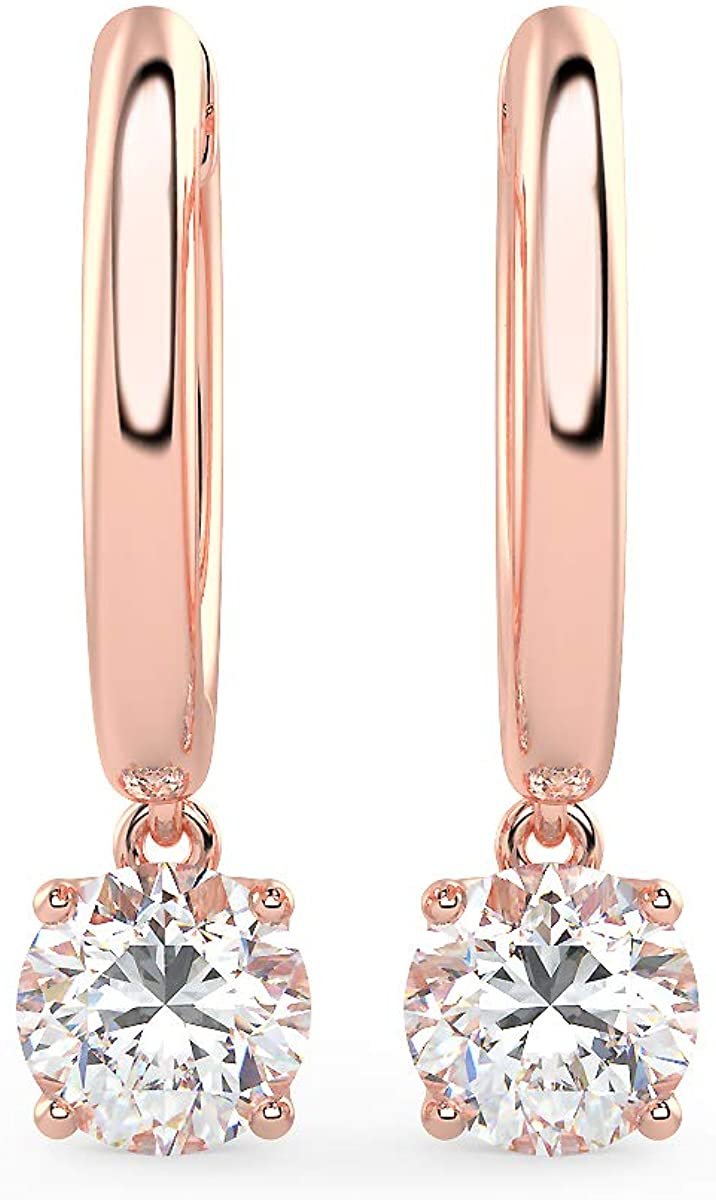 14K Gold Huggie Hoop Earrings with 1/2 to 2/3 Cttw Round Brilliant-Cut Lab Created Diamond Four Prong Set Drops (G-H Color, VS1-VS2 Clarity) - Choice of 14K Gold Color