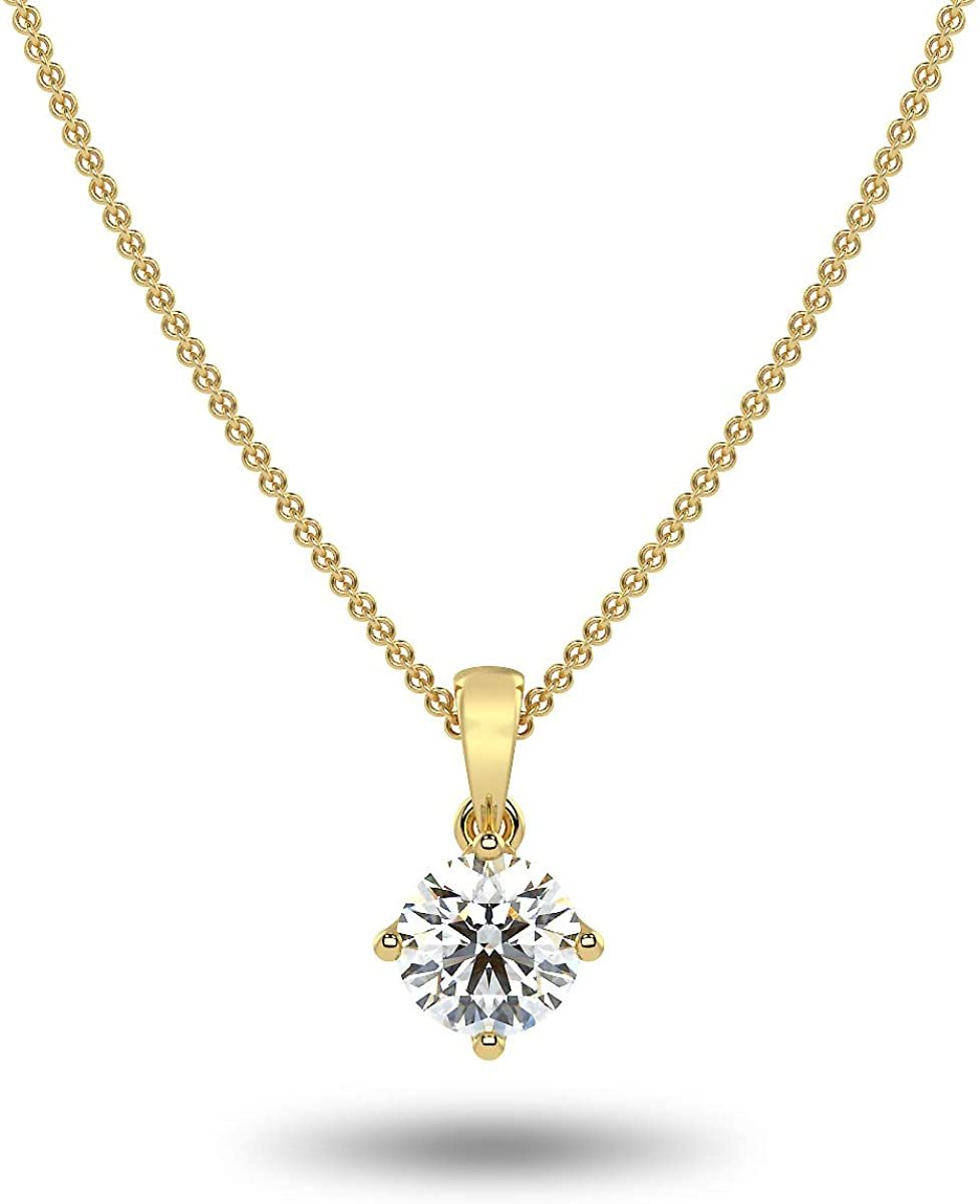 IGI Certified 14K Gold 1/4 to 2.0 Carat Round Brilliant Cut Lab Created Diamond Solitaire Pendant Necklace (G-J Color, VS1-SI2 Clarity), 18" - Choice of Carat & Gold Color