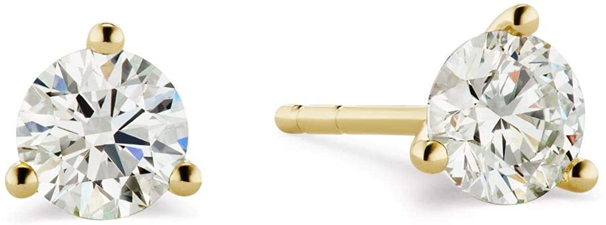 14K Gold 1/2 or 2/3 Cttw Round Brilliant-Cut Lab Created Diamond 14K Gold Martini-Set 3-Prong Stud Earrings (G-H Color, VS1-VS2 Clarity) - Choice of Metal Colors, Gem Weights