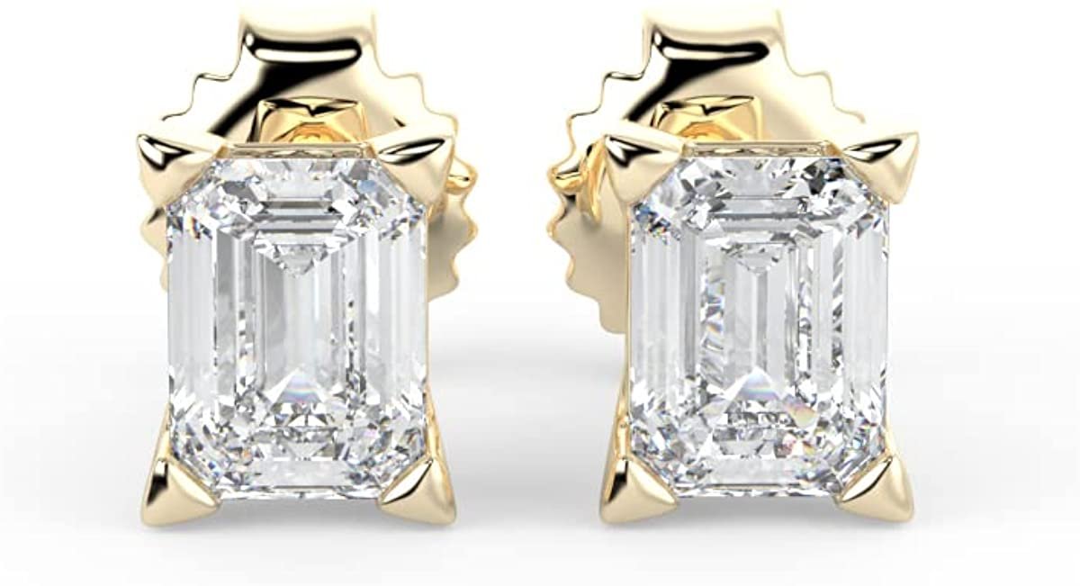 IGI Certified 1/2 Cttw Emerald Cut Lab Grown Diamond 14K Gold 4-Prong Pushback Stud Earrings (G-H Color, VS1-VS2 Clarity) - Choice of Gold Color