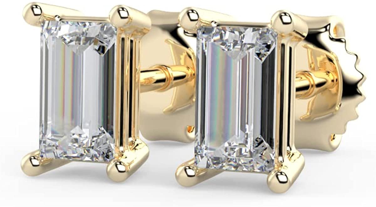 IGI Certified 1/2 Cttw Emerald Cut Lab Grown Diamond 14K Gold 4-Prong Pushback Stud Earrings (G-H Color, VS1-VS2 Clarity) - Choice of Gold Color