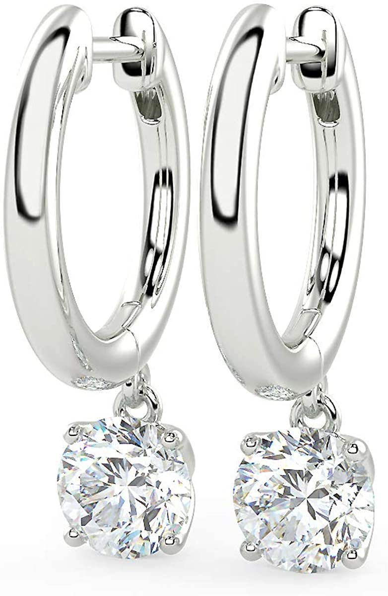 14K Gold Huggie Hoop Earrings with 1/2 to 2/3 Cttw Round Brilliant-Cut Lab Created Diamond Four Prong Set Drops (G-H Color, VS1-VS2 Clarity) - Choice of 14K Gold Color