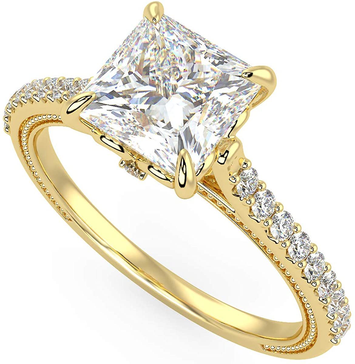 IGI Certified 14K Yellow Gold Princess-Cut Lab Created Diamond Engagement Ring with Pavé Band (1.5 or 2.0 Carat Center Stone: G-H Color, VS1-VS2 Clarity)