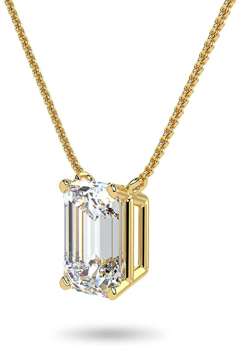 IGI Certified 14K Gold 1/3 to 1-1/2 Carat Rectangular Emerald-Cut Lab Grown Diamond Suspended Solitaire Pendant Necklace (G-H Color, VS1-VS2 Clarity), 18" - Choice of Gold Color, Weights