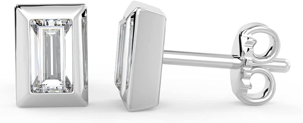IGI Certified 1/2 Cttw Baguette Emerald Shape Lab Grown Diamond 14K Gold Bezel Set Pushback Stud Earrings (G-H Color, VS1-VS2 Clarity) - Choice of Gold Color