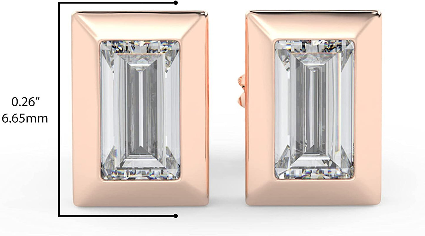 IGI Certified 1/2 Cttw Baguette Emerald Shape Lab Grown Diamond 14K Gold Bezel Set Pushback Stud Earrings (G-H Color, VS1-VS2 Clarity) - Choice of Gold Color