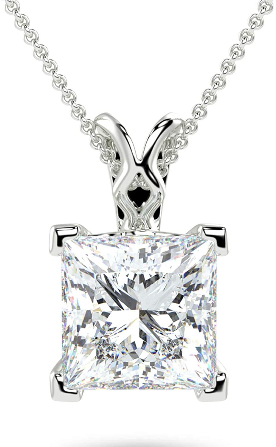 IGI Certified 14K Gold 1/2 or 1.0 Carat Square Princess-Cut Lab Created Diamond X-Bail Solitaire Pendant Necklace (G-H Color, VS1-VS2 Clarity), 18" - Choice of Gold Color