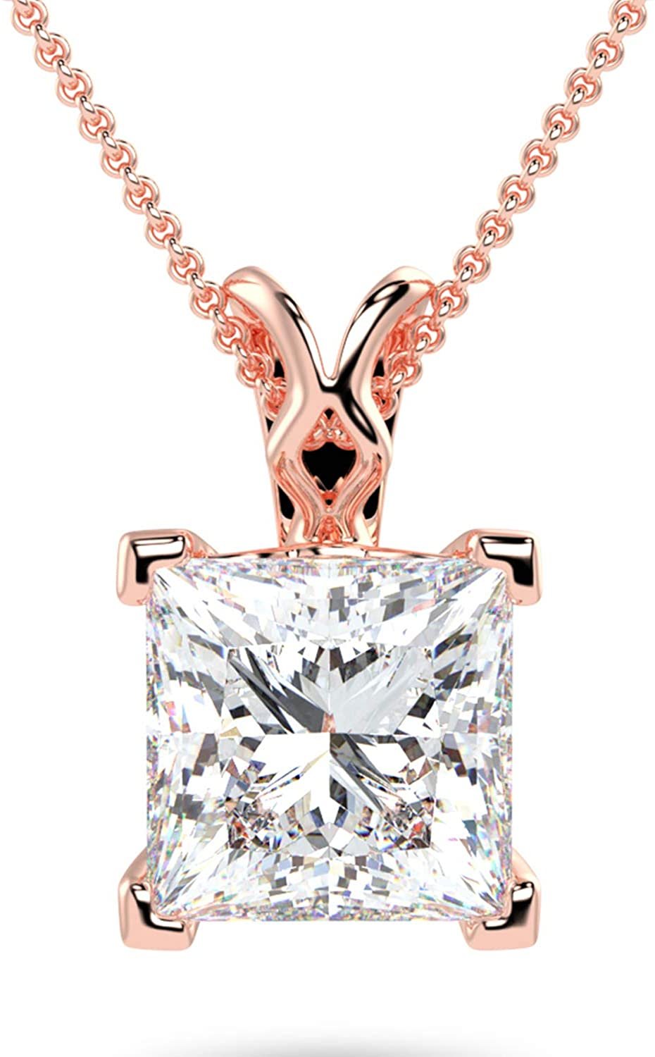 IGI Certified 14K Gold 1/2 or 1.0 Carat Square Princess-Cut Lab Created Diamond X-Bail Solitaire Pendant Necklace (G-H Color, VS1-VS2 Clarity), 18" - Choice of Gold Color