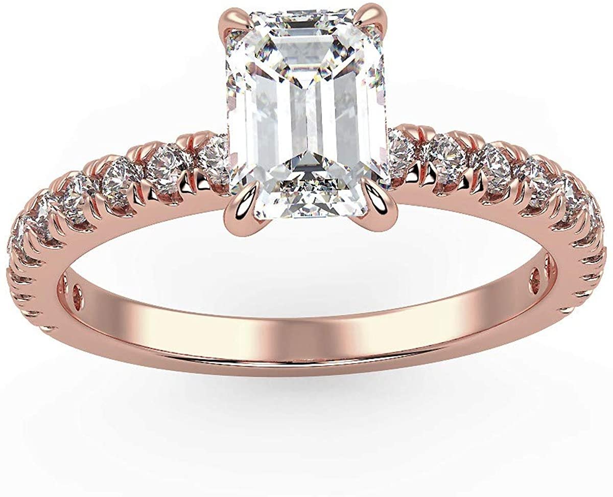 IGI Certified 14K Rose Gold 1-1/4 to 2-1/3 Cttw Emerald-Cut Lab Created Diamond Engagement Ring with Pavé Band (Center Stone: G-H Color, VS1-VS2 Clarity)