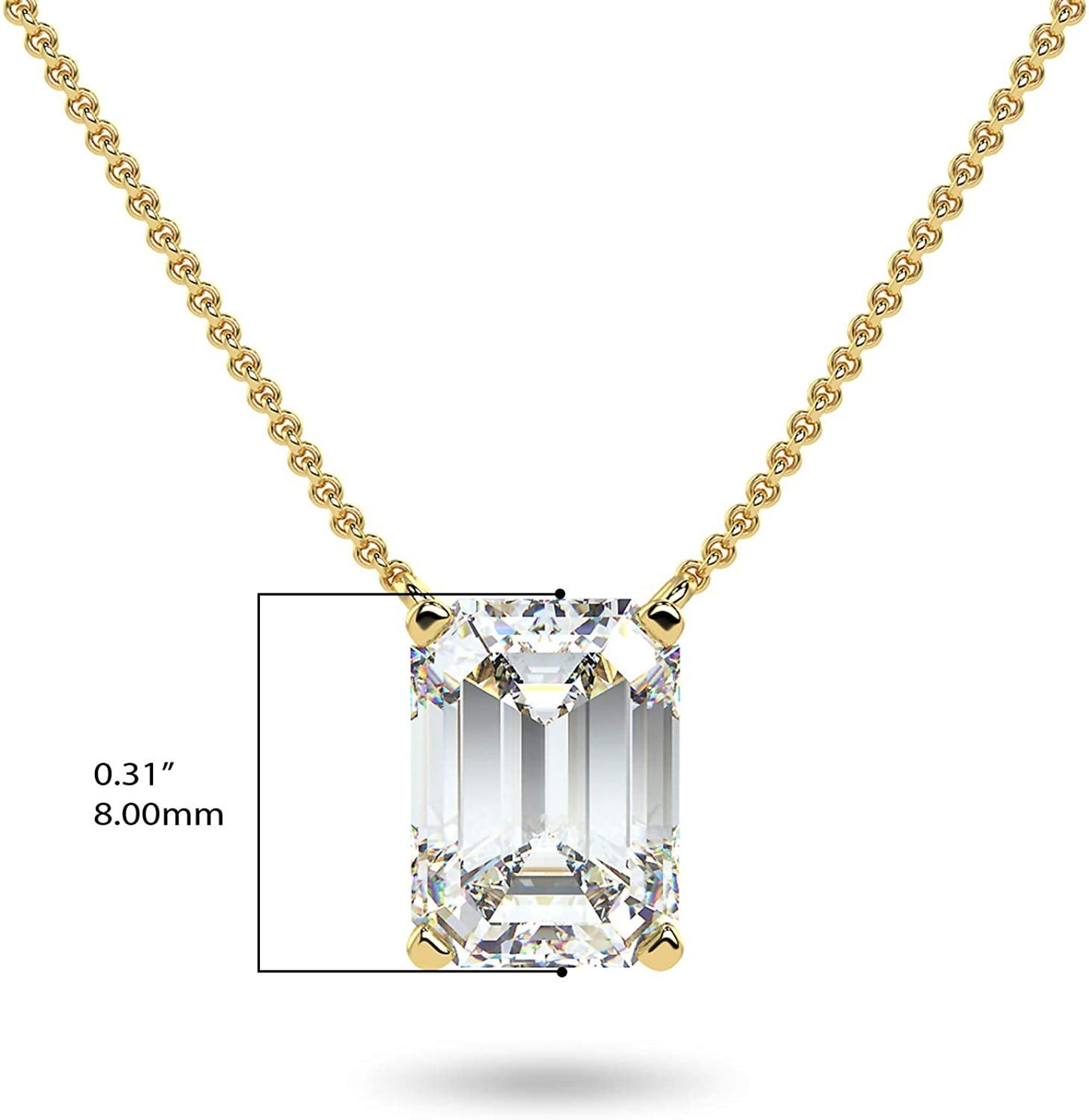 IGI Certified 14K Gold 1/3 to 1-1/2 Carat Rectangular Emerald-Cut Lab Grown Diamond Suspended Solitaire Pendant Necklace (G-H Color, VS1-VS2 Clarity), 18" - Choice of Gold Color, Weights